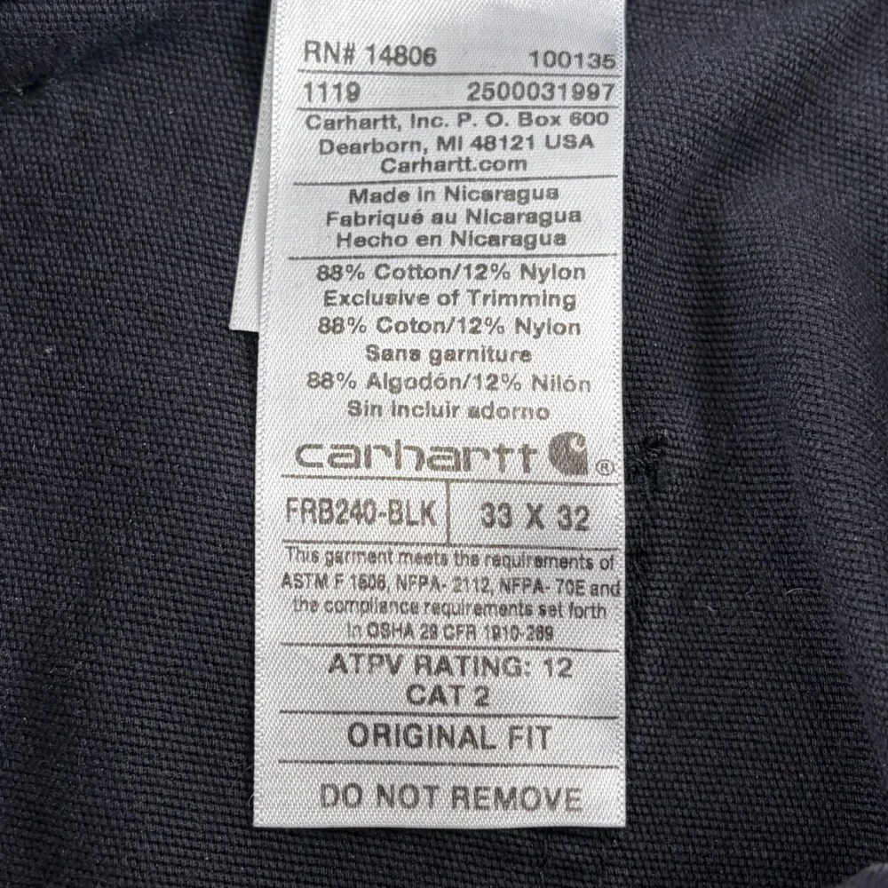 Carhartt Cargo Pants Men 33(30)x32 Black FR Flame Resistant Original Fit FRB240- - Picture 2 of 9